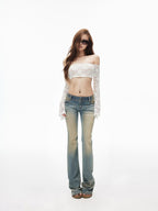 iamxiaa Khaki Washed Vintage Low Waist Embroidered Back Women's Cotton Denim Flare Jeans