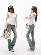 iamxiaa Khaki Washed Vintage Low Waist Embroidered Back Women's Cotton Denim Flare Jeans