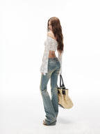 iamxiaa Khaki Washed Vintage Low Waist Embroidered Back Women's Cotton Denim Flare Jeans