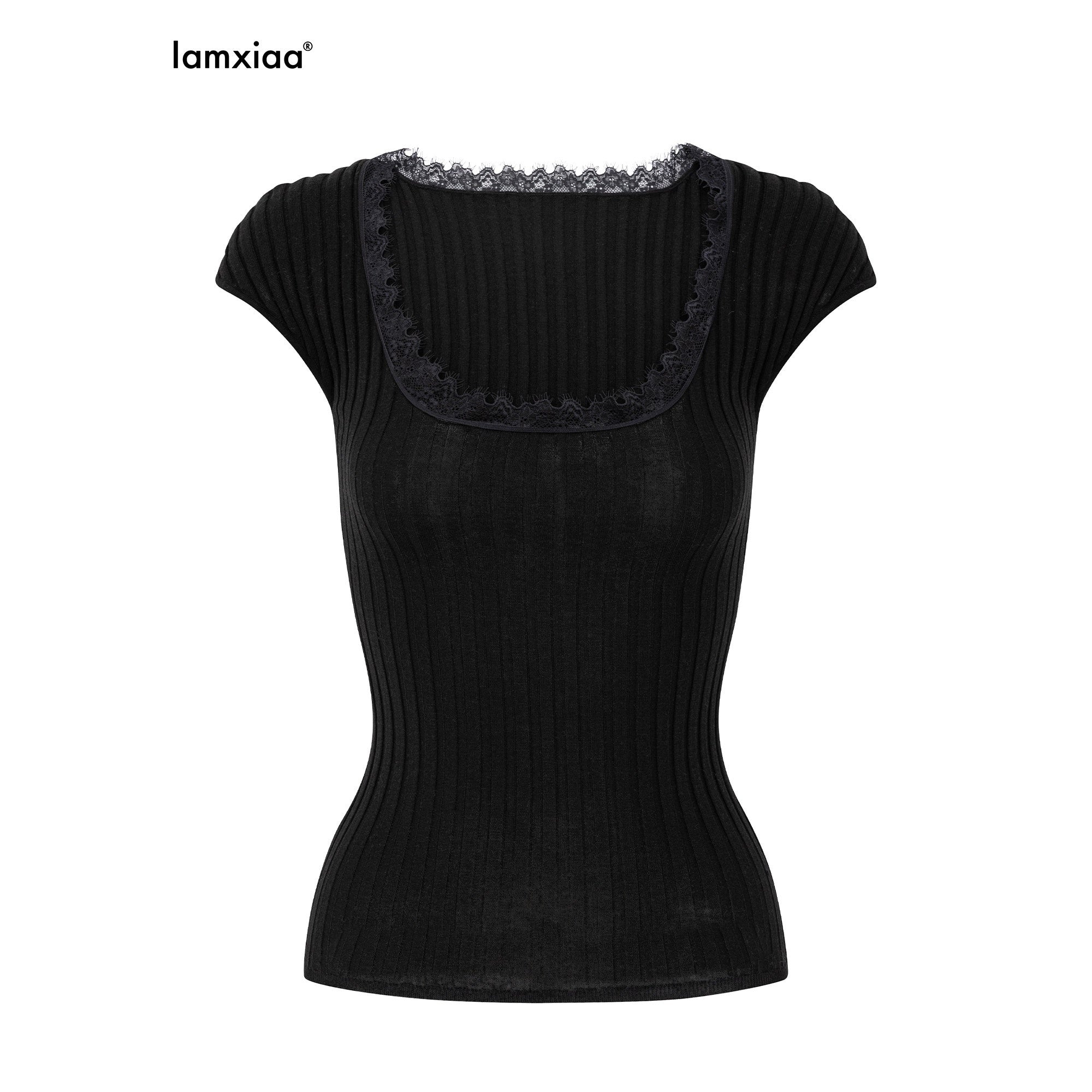 iamxiaa Lace Trim U Neck Cap Sleeve Ribbed Women's Lyocell Cotton Short Sleeve T-shirts 1050171410617