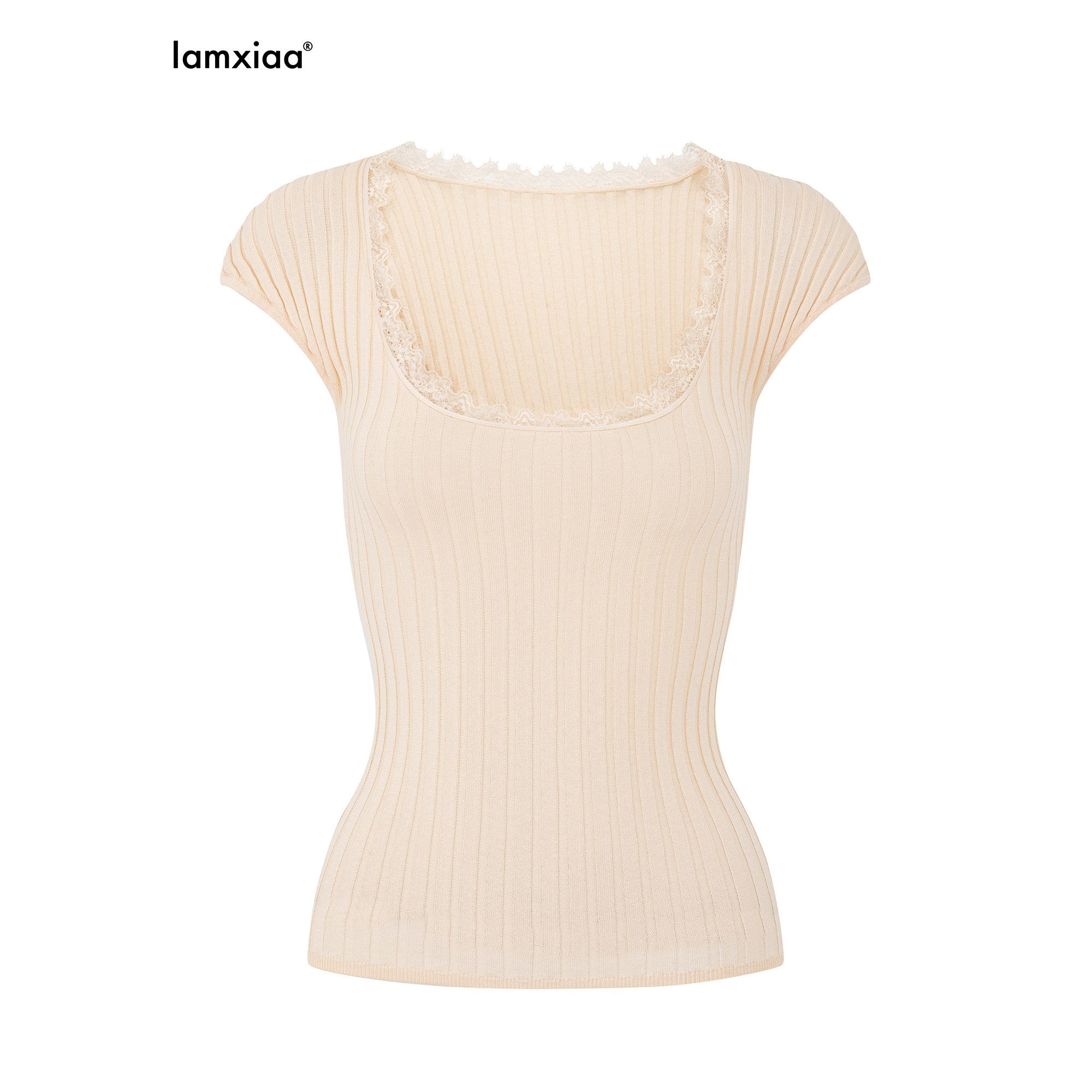 iamxiaa Lace Trim U Neck Cap Sleeve Ribbed Women's Lyocell Cotton Short Sleeve T-shirts 1050171410617