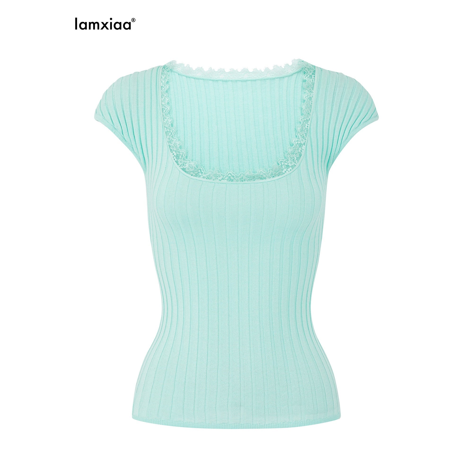 iamxiaa Lace Trim U Neck Cap Sleeve Ribbed Women's Lyocell Cotton Short Sleeve T-shirts 1050171410617