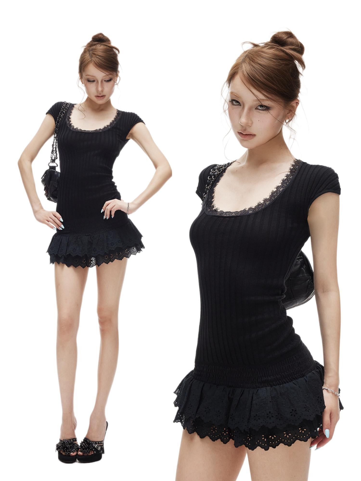 iamxiaa Lace Trim U Neck Cap Sleeve Ribbed Women's Lyocell Cotton Short Sleeve T-shirts