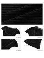 iamxiaa Lace Trim U Neck Cap Sleeve Ribbed Women's Lyocell Cotton Short Sleeve T-shirts