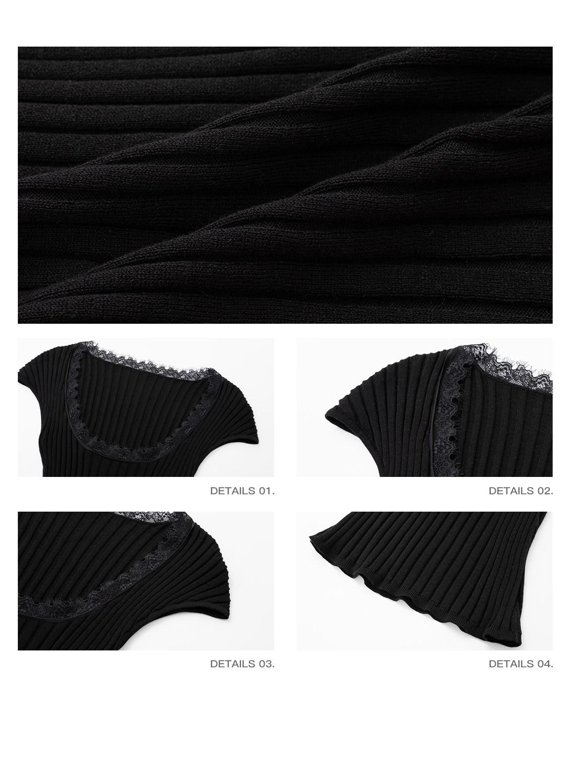 iamxiaa Lace Trim U Neck Cap Sleeve Ribbed Women's Lyocell Cotton Short Sleeve T-shirts