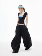 iamxiaa Lantern Low Waist Drawcord Adjustable Hem Women's Lyocell Wide-leg Pants