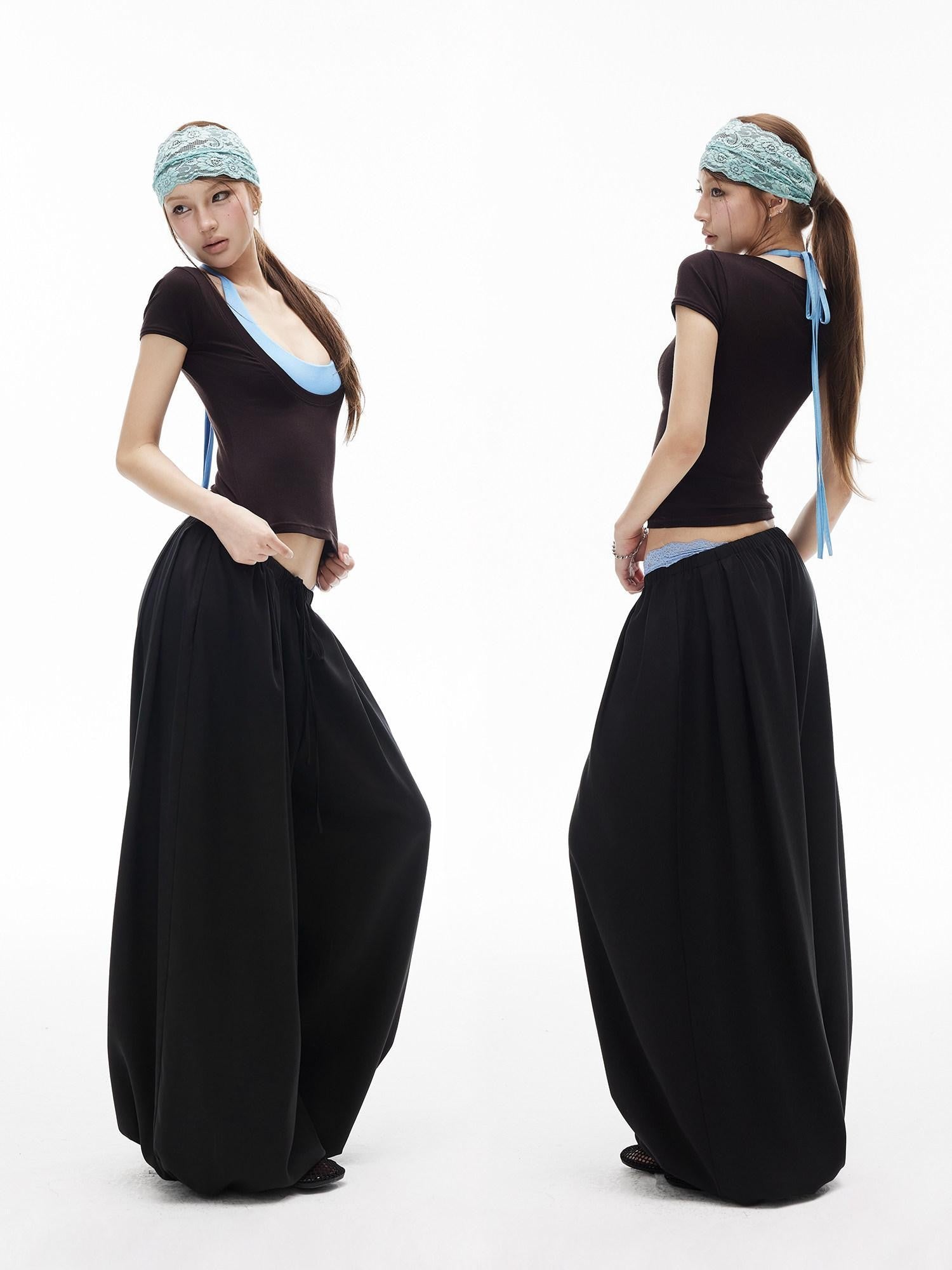iamxiaa Lantern Low Waist Drawcord Adjustable Hem Women's Lyocell Wide-leg Pants