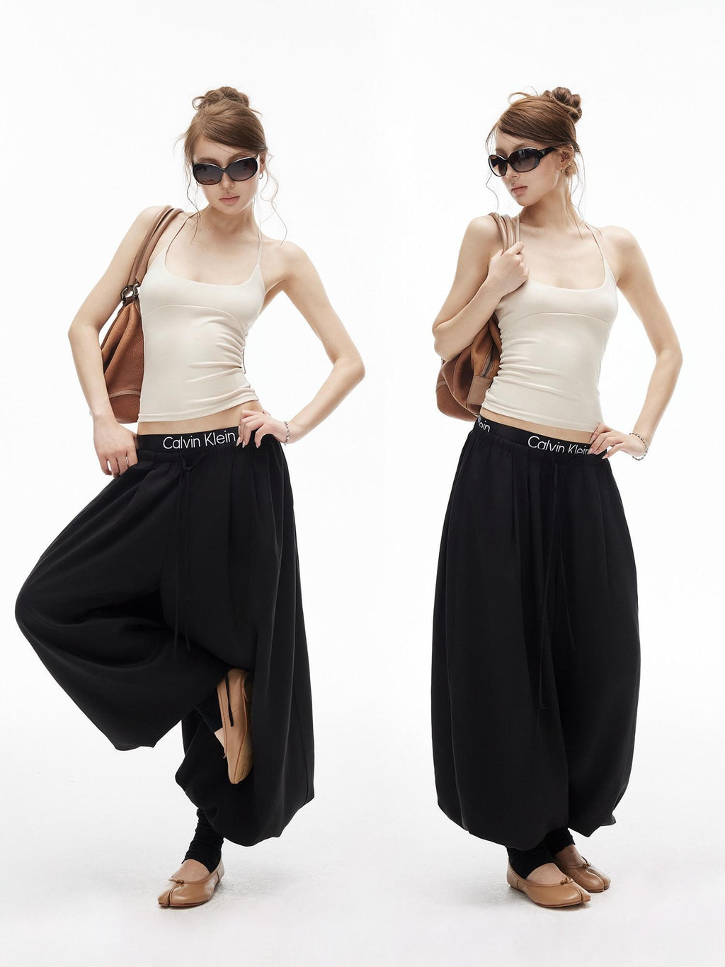 iamxiaa Lantern Low Waist Drawcord Adjustable Hem Women's Lyocell Wide-leg Pants