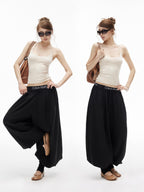 iamxiaa Lantern Low Waist Drawcord Adjustable Hem Women's Lyocell Wide-leg Pants