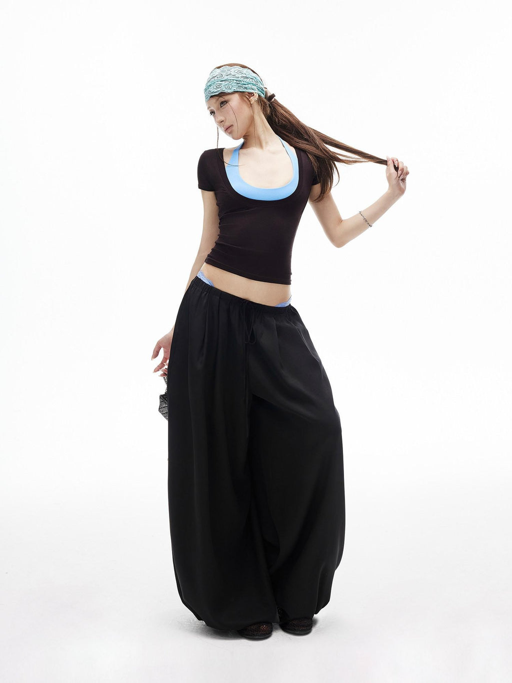 iamxiaa Lantern Low Waist Drawcord Adjustable Hem Women's Lyocell Wide-leg Pants
