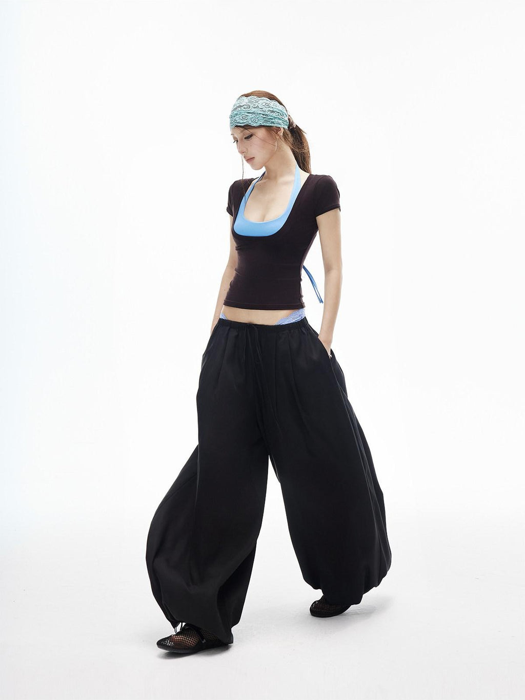 iamxiaa Lantern Low Waist Drawcord Adjustable Hem Women's Lyocell Wide-leg Pants