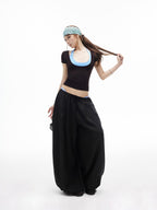 iamxiaa Lantern Low Waist Drawcord Adjustable Hem Women's Lyocell Wide-leg Pants