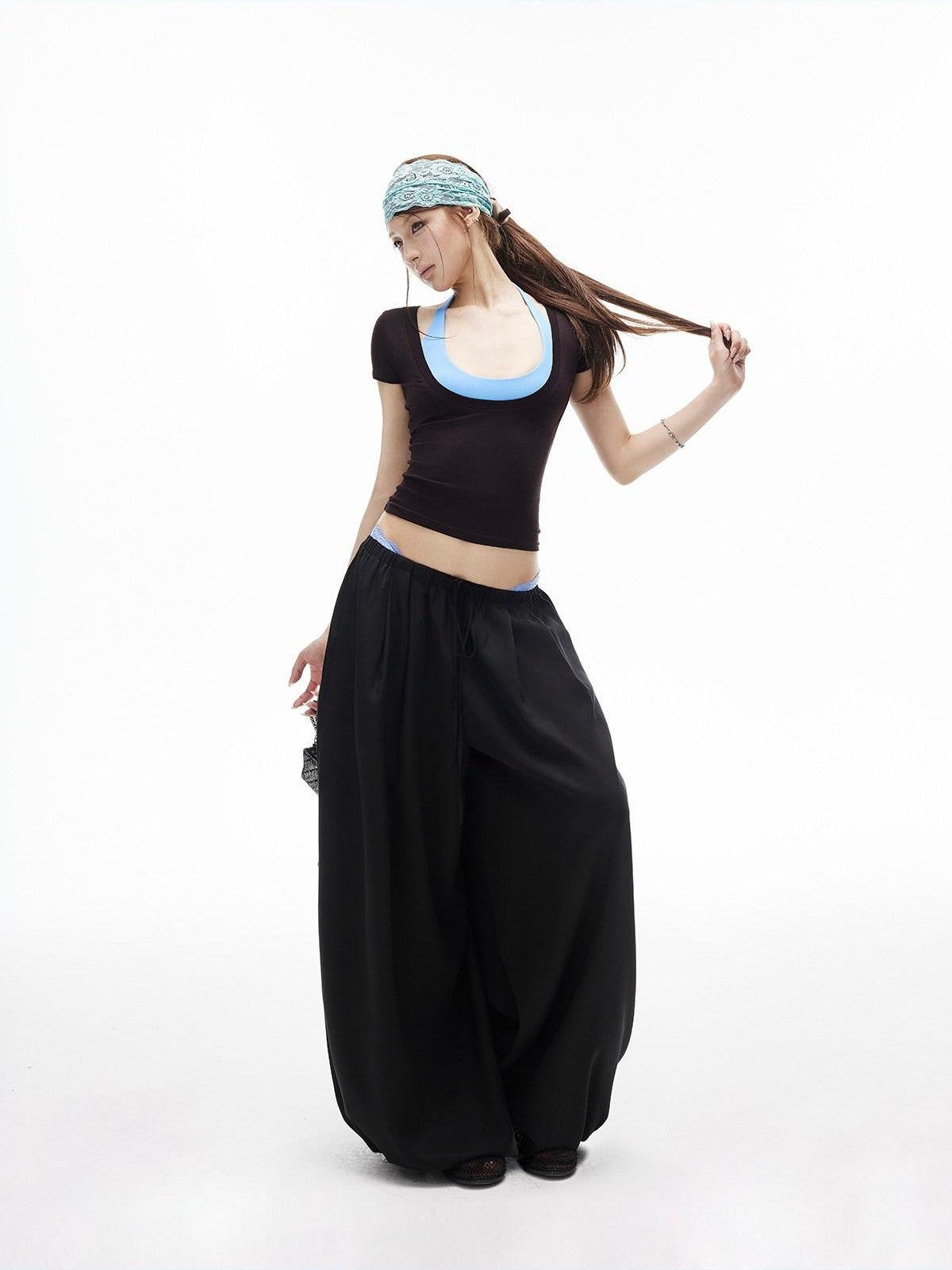 iamxiaa Lantern Low Waist Drawcord Adjustable Hem Women's Lyocell Wide-leg Pants