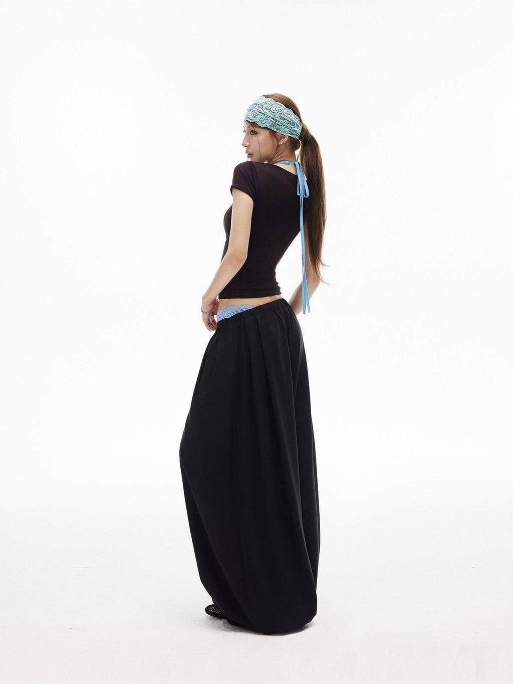 iamxiaa Lantern Low Waist Drawcord Adjustable Hem Women's Lyocell Wide-leg Pants