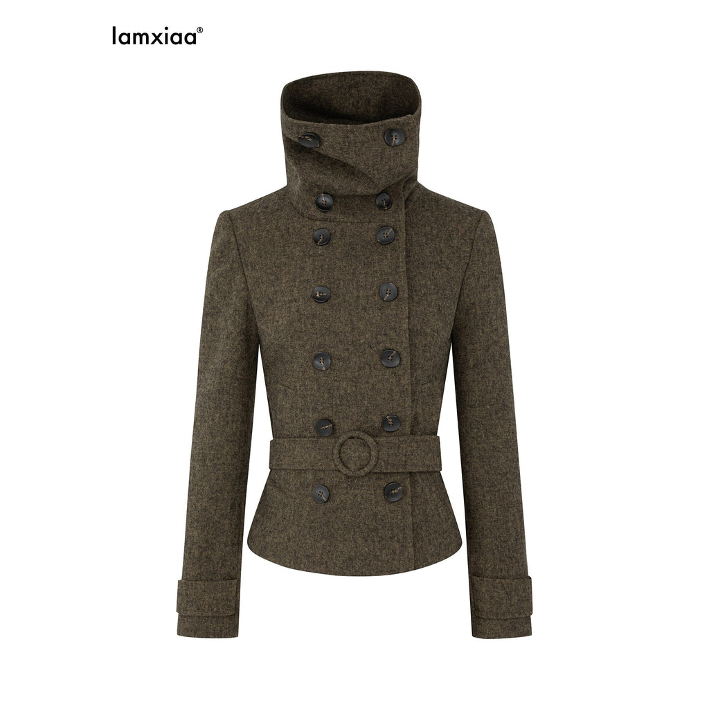 iamxiaa Large Lapel Double Breasted Belted Relaxed Women's Wool Blend Casual Jackets 978068941279
