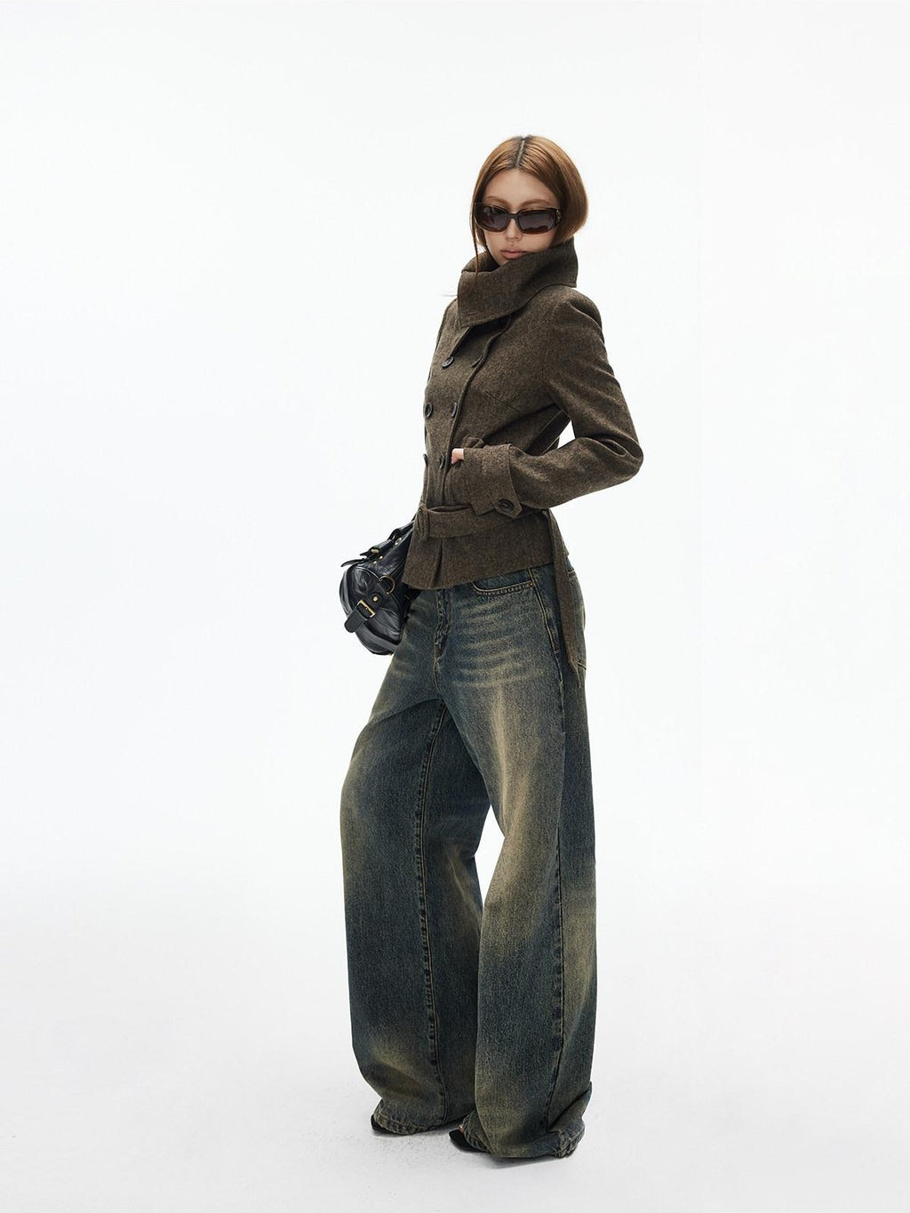 iamxiaa Large Lapel Double Breasted Belted Relaxed Women's Wool Blend Casual Jackets