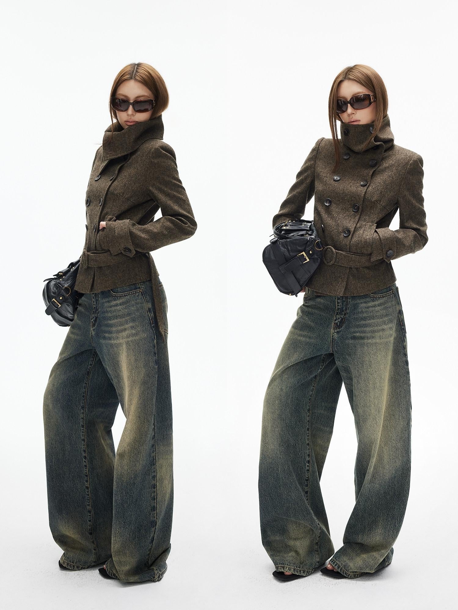 iamxiaa Large Lapel Double Breasted Belted Relaxed Women's Wool Blend Casual Jackets