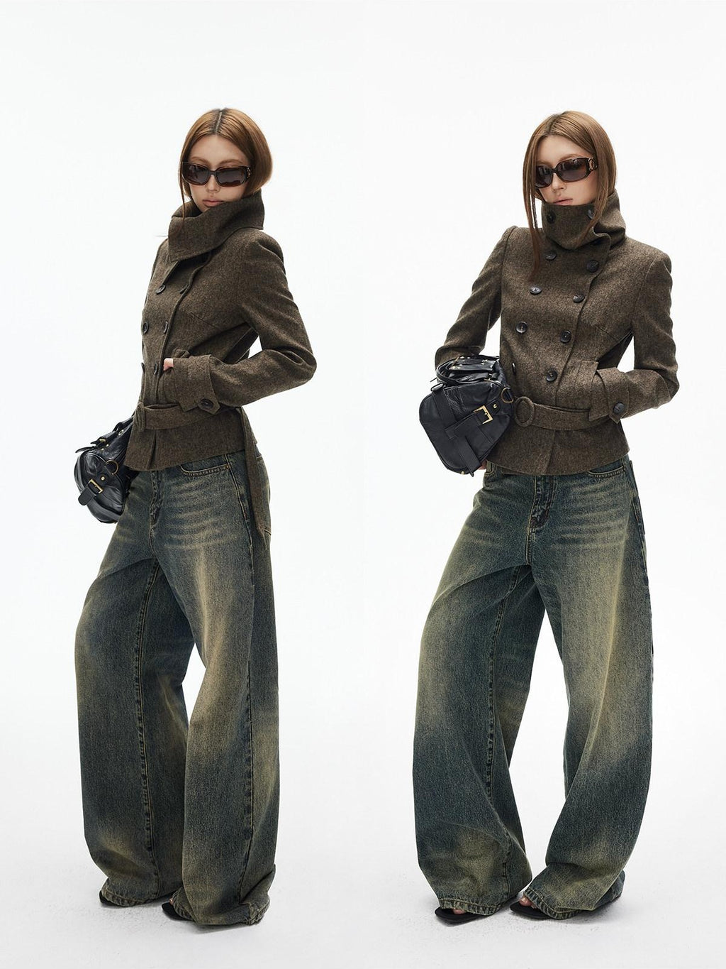 iamxiaa Large Lapel Double Breasted Belted Relaxed Women's Wool Blend Casual Jackets