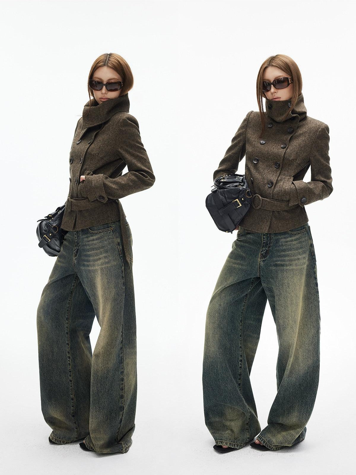 iamxiaa Large Lapel Double Breasted Belted Relaxed Women's Wool Blend Casual Jackets