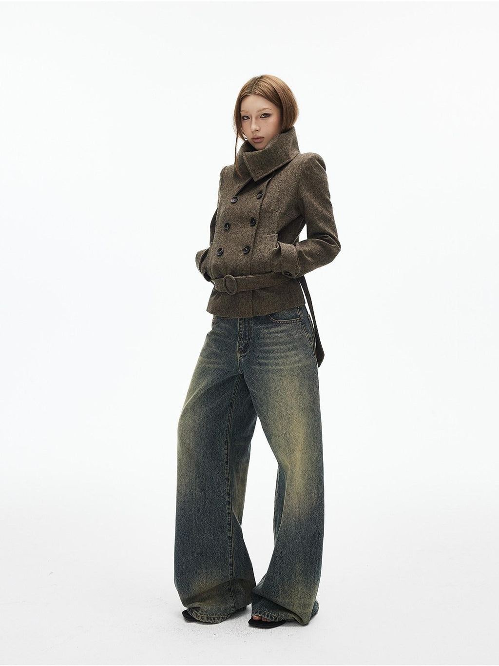 iamxiaa Large Lapel Double Breasted Belted Relaxed Women's Wool Blend Casual Jackets