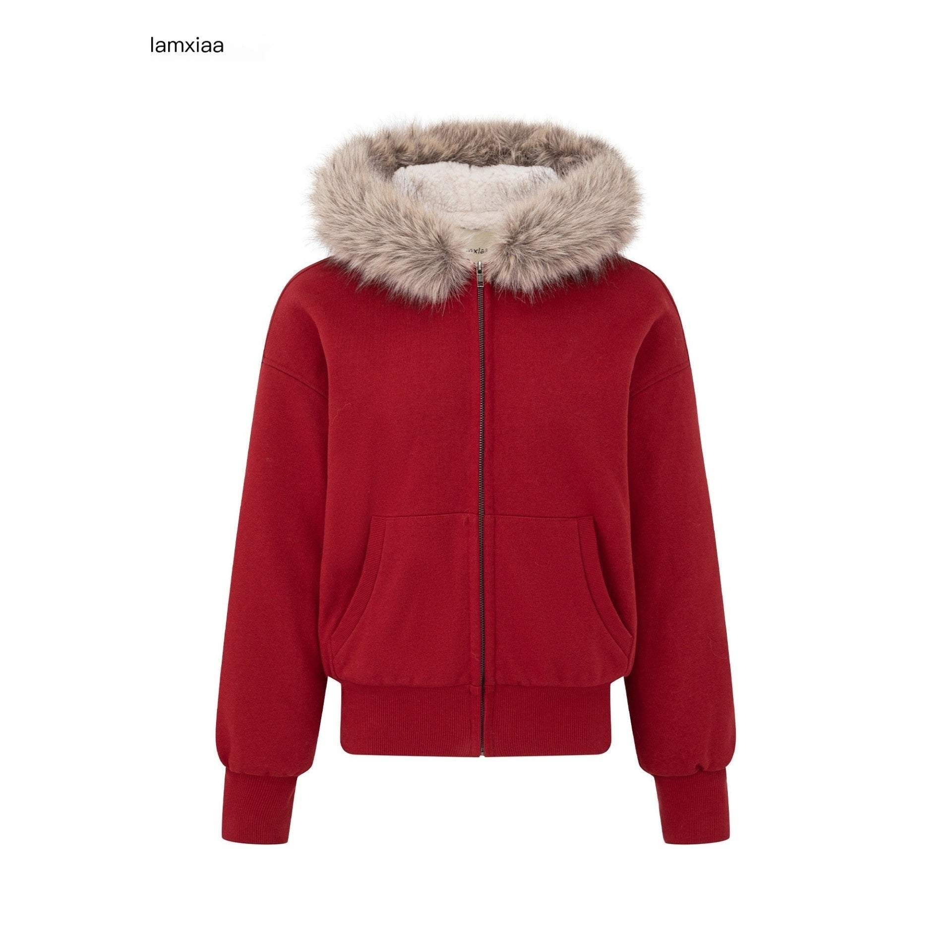iamxiaa Lava Red Hooded Eco Fur Collar Women's Fleece Top & Pants Sets 989364936668