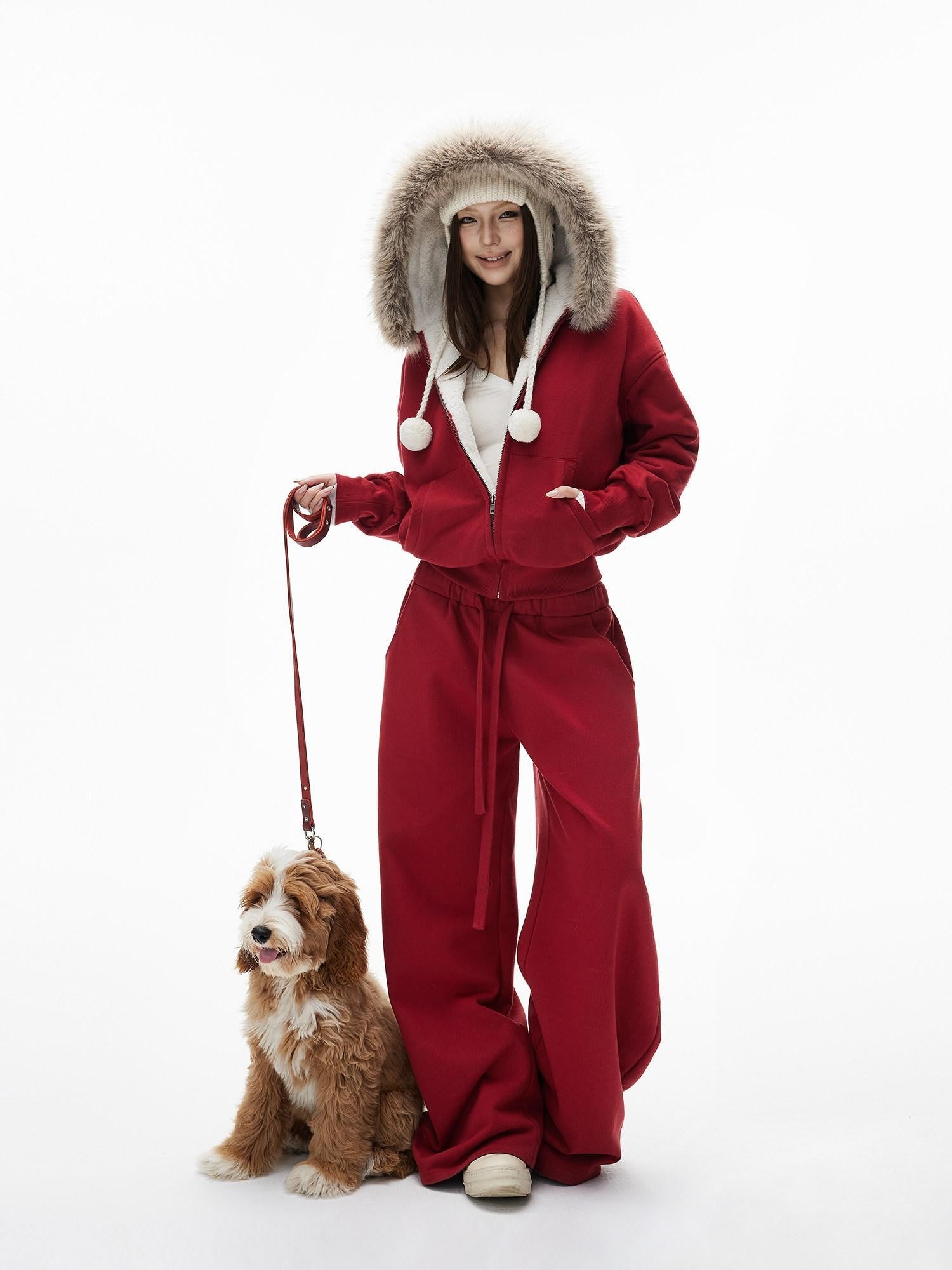 iamxiaa Lava Red Hooded Eco Fur Collar Women's Fleece Top & Pants Sets