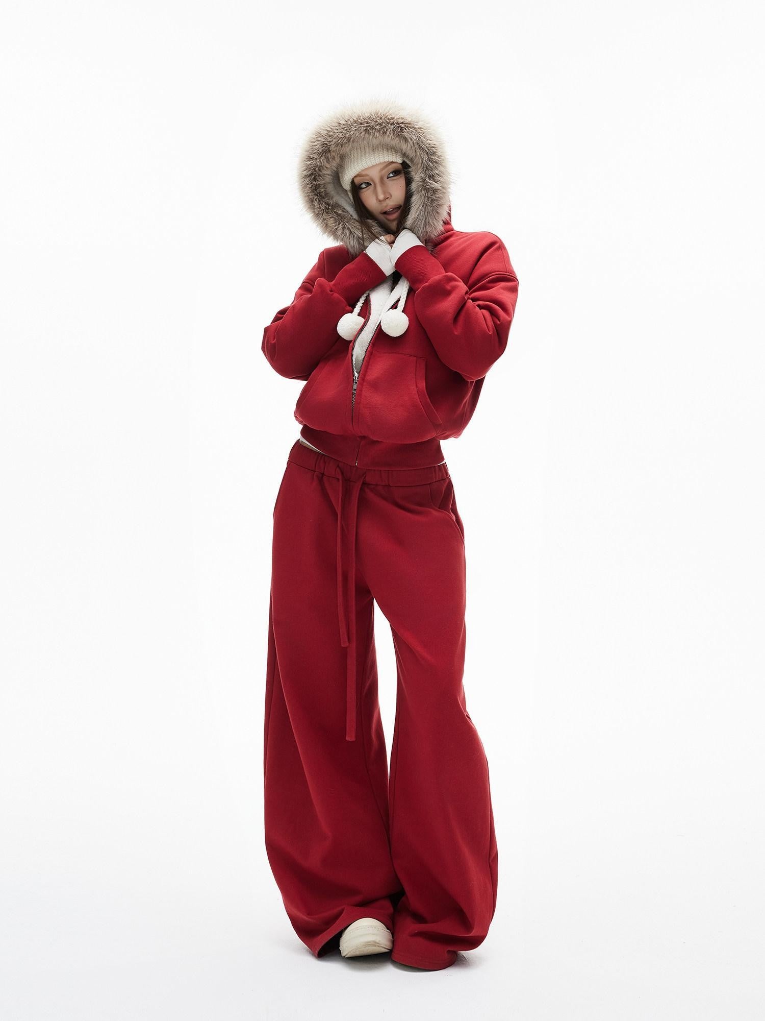 iamxiaa Lava Red Hooded Eco Fur Collar Women's Fleece Top & Pants Sets