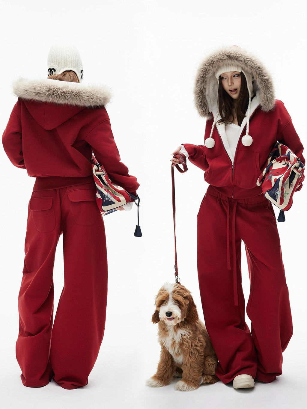 iamxiaa Lava Red Hooded Eco Fur Collar Women's Fleece Top & Pants Sets