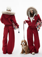 iamxiaa Lava Red Hooded Eco Fur Collar Women's Fleece Top & Pants Sets