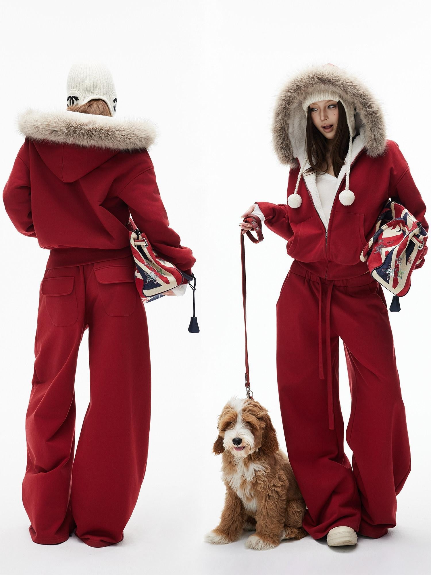 iamxiaa Lava Red Hooded Eco Fur Collar Women's Fleece Top & Pants Sets