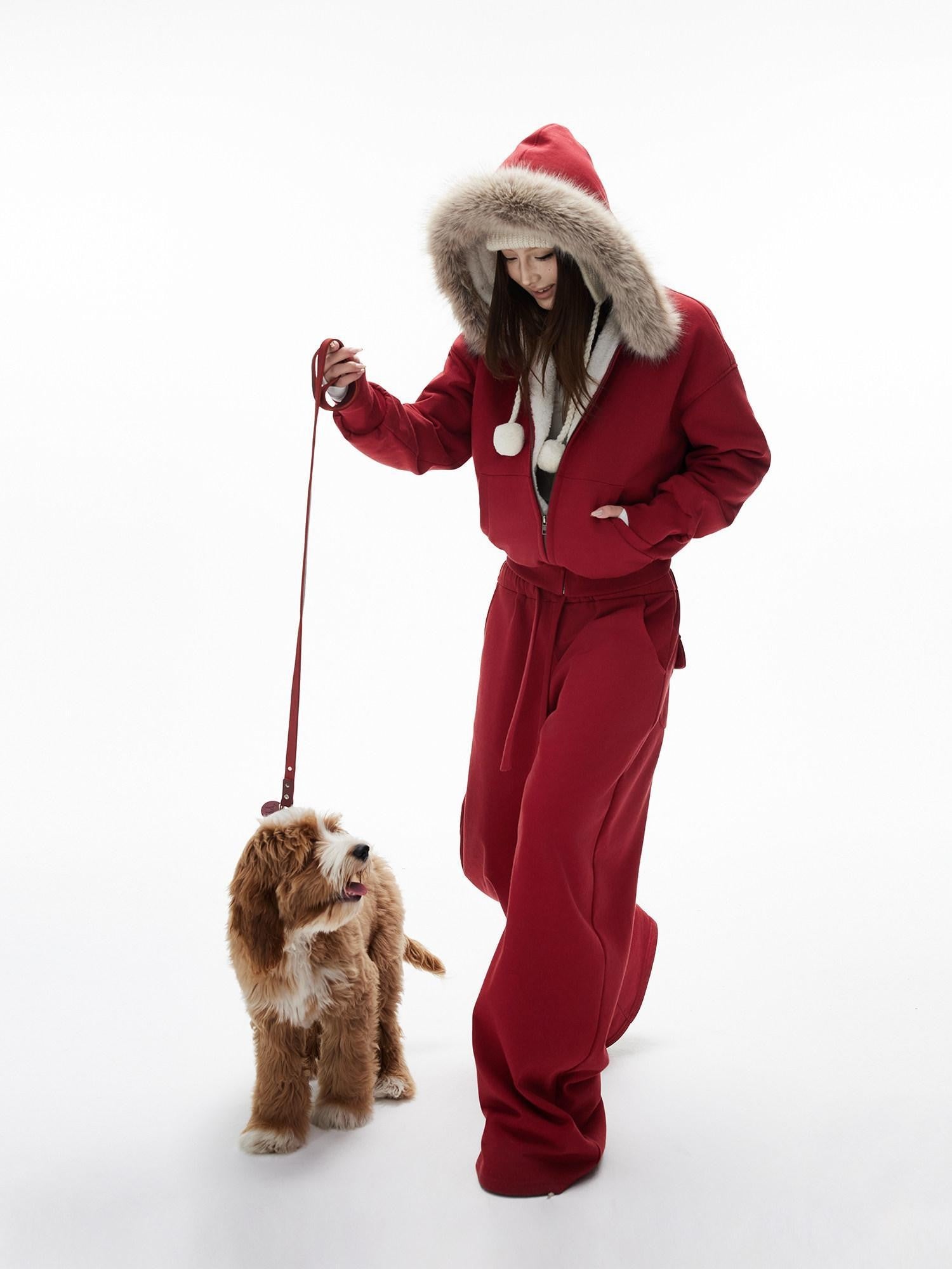 iamxiaa Lava Red Hooded Eco Fur Collar Women's Fleece Top & Pants Sets