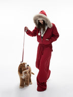 iamxiaa Lava Red Hooded Eco Fur Collar Women's Fleece Top & Pants Sets