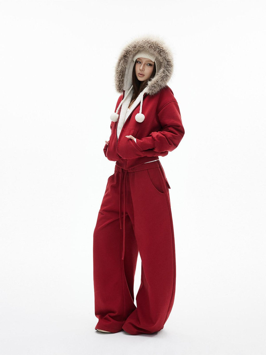iamxiaa Lava Red Hooded Eco Fur Collar Women's Fleece Top & Pants Sets