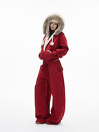 iamxiaa Lava Red Hooded Eco Fur Collar Women's Fleece Top & Pants Sets