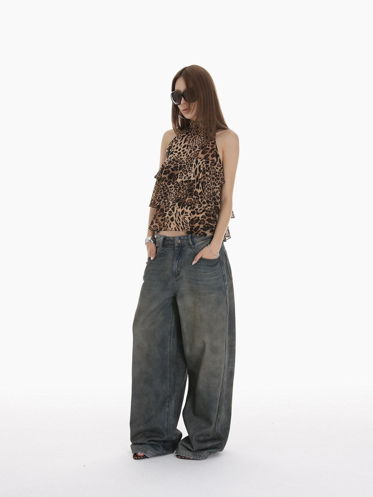 iamxiaa Leopard Print Handmade Multi Layer Ruffle Women's Chiffon Tank Tops
