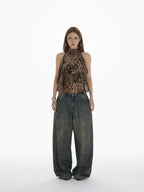 iamxiaa Leopard Print Handmade Multi Layer Ruffle Women's Chiffon Tank Tops