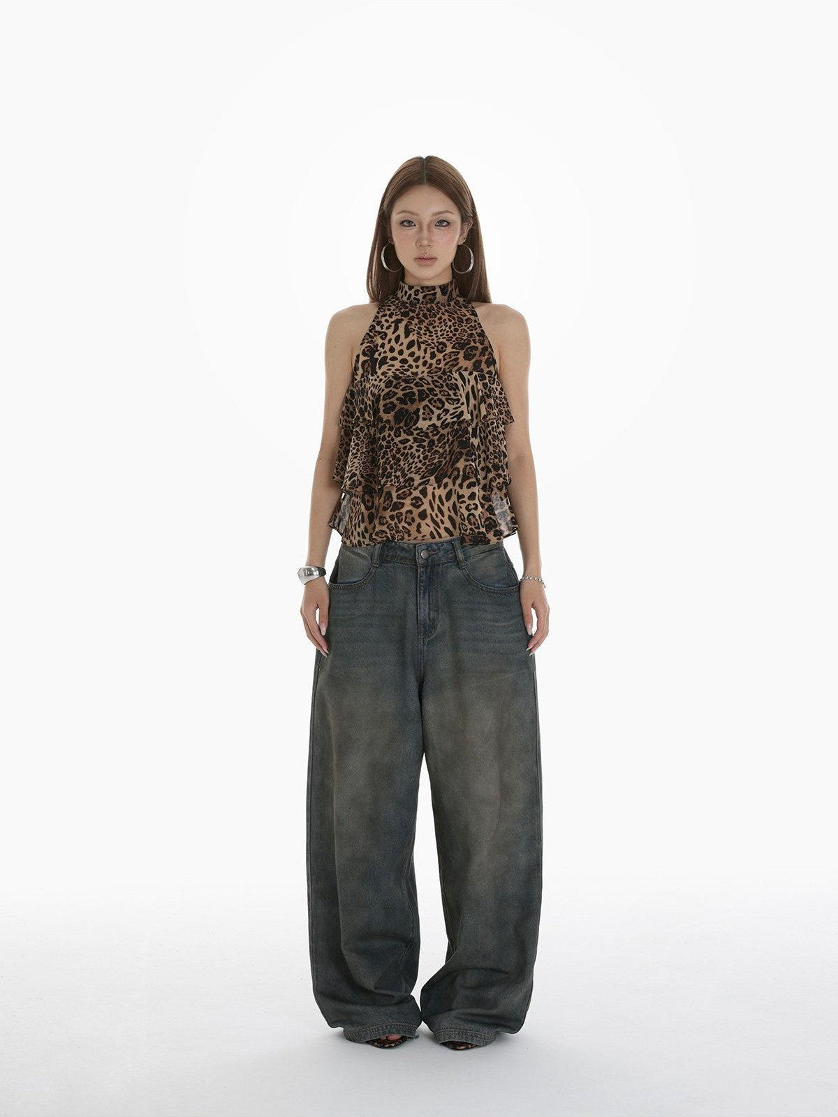 iamxiaa Leopard Print Handmade Multi Layer Ruffle Women's Chiffon Tank Tops