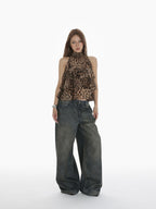 iamxiaa Leopard Print Handmade Multi Layer Ruffle Women's Chiffon Tank Tops