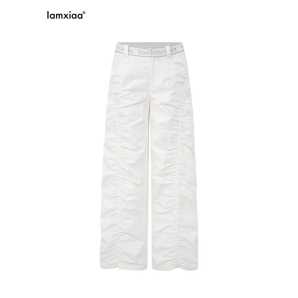 iamxiaa Lettered Ribbed Diagonal Shirred Low Waist Women's Cotton Straight Pants 972827300549
