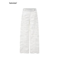 iamxiaa Lettered Ribbed Diagonal Shirred Low Waist Women's Cotton Straight Pants 972827300549
