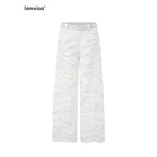 iamxiaa Lettered Ribbed Diagonal Shirred Low Waist Women's Cotton Straight Pants 972827300549