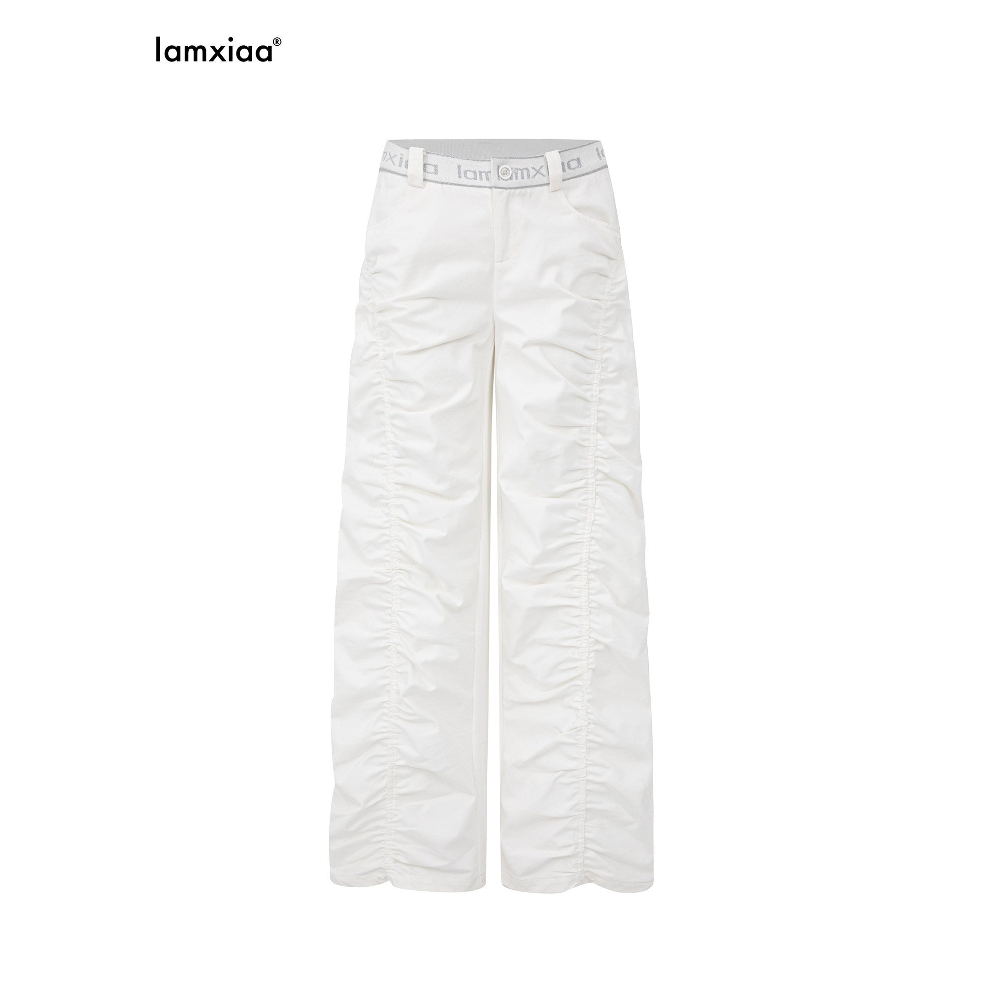 iamxiaa Lettered Ribbed Diagonal Shirred Low Waist Women's Cotton Straight Pants 972827300549
