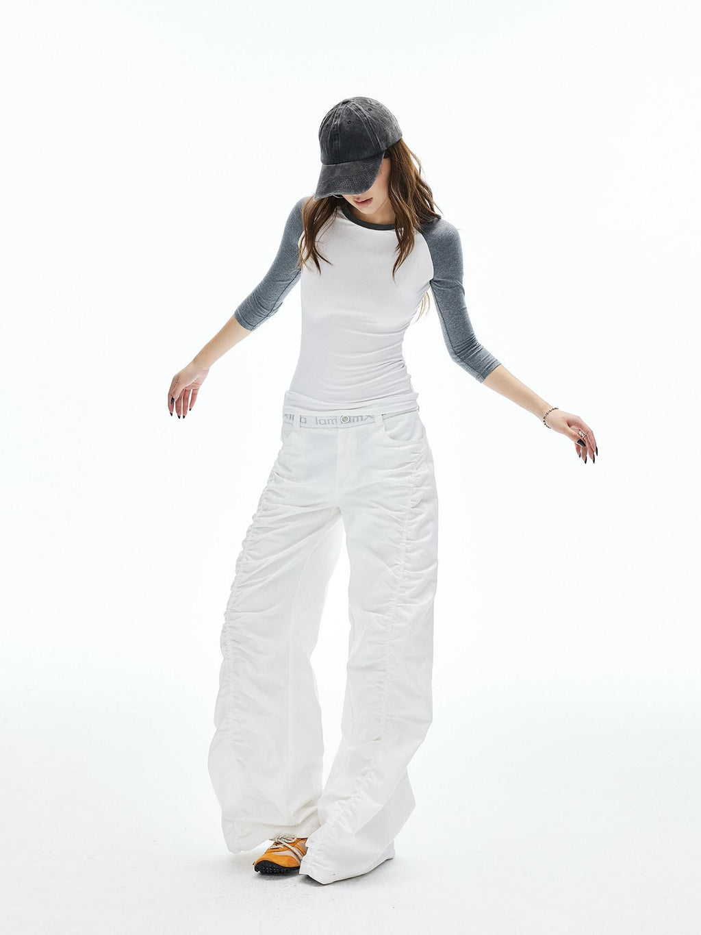 iamxiaa Lettered Ribbed Diagonal Shirred Low Waist Women's Cotton Straight Pants