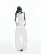 iamxiaa Lettered Ribbed Diagonal Shirred Low Waist Women's Cotton Straight Pants