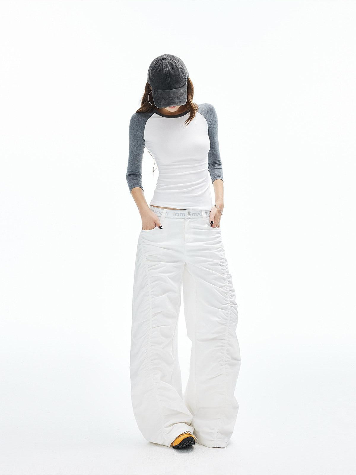 iamxiaa Lettered Ribbed Diagonal Shirred Low Waist Women's Cotton Straight Pants