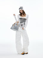 iamxiaa Lettered Ribbed Diagonal Shirred Low Waist Women's Cotton Straight Pants