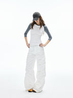 iamxiaa Lettered Ribbed Diagonal Shirred Low Waist Women's Cotton Straight Pants