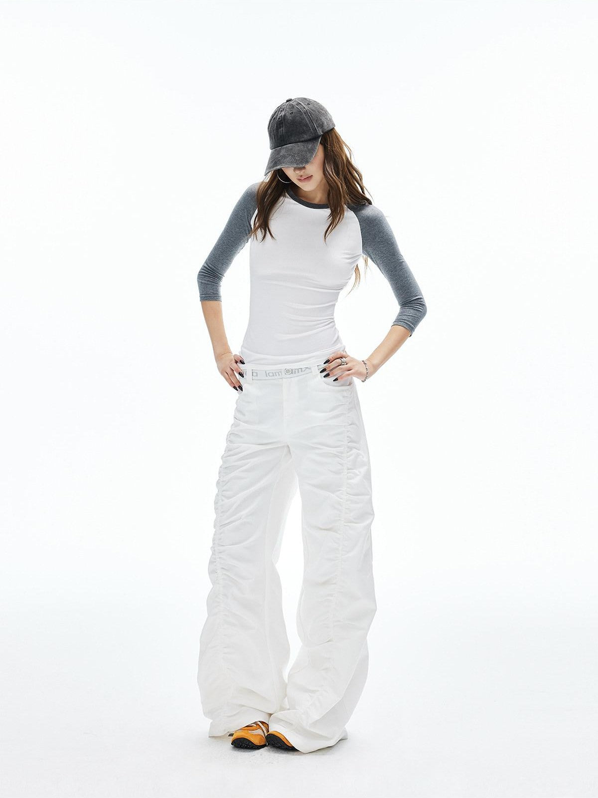 iamxiaa Lettered Ribbed Diagonal Shirred Low Waist Women's Cotton Straight Pants