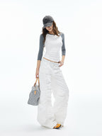 iamxiaa Lettered Ribbed Diagonal Shirred Low Waist Women's Cotton Straight Pants