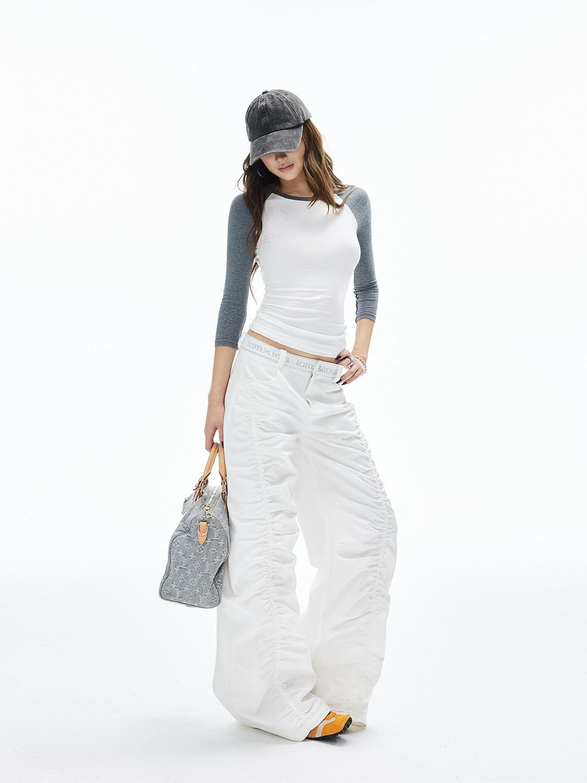 iamxiaa Lettered Ribbed Diagonal Shirred Low Waist Women's Cotton Straight Pants